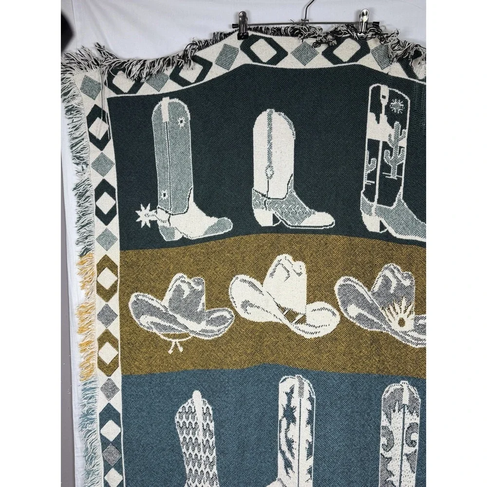 Vintage Western Cowboy Boots Tapestry Afghan Fringe Throw Cowgirl Ranch Decor